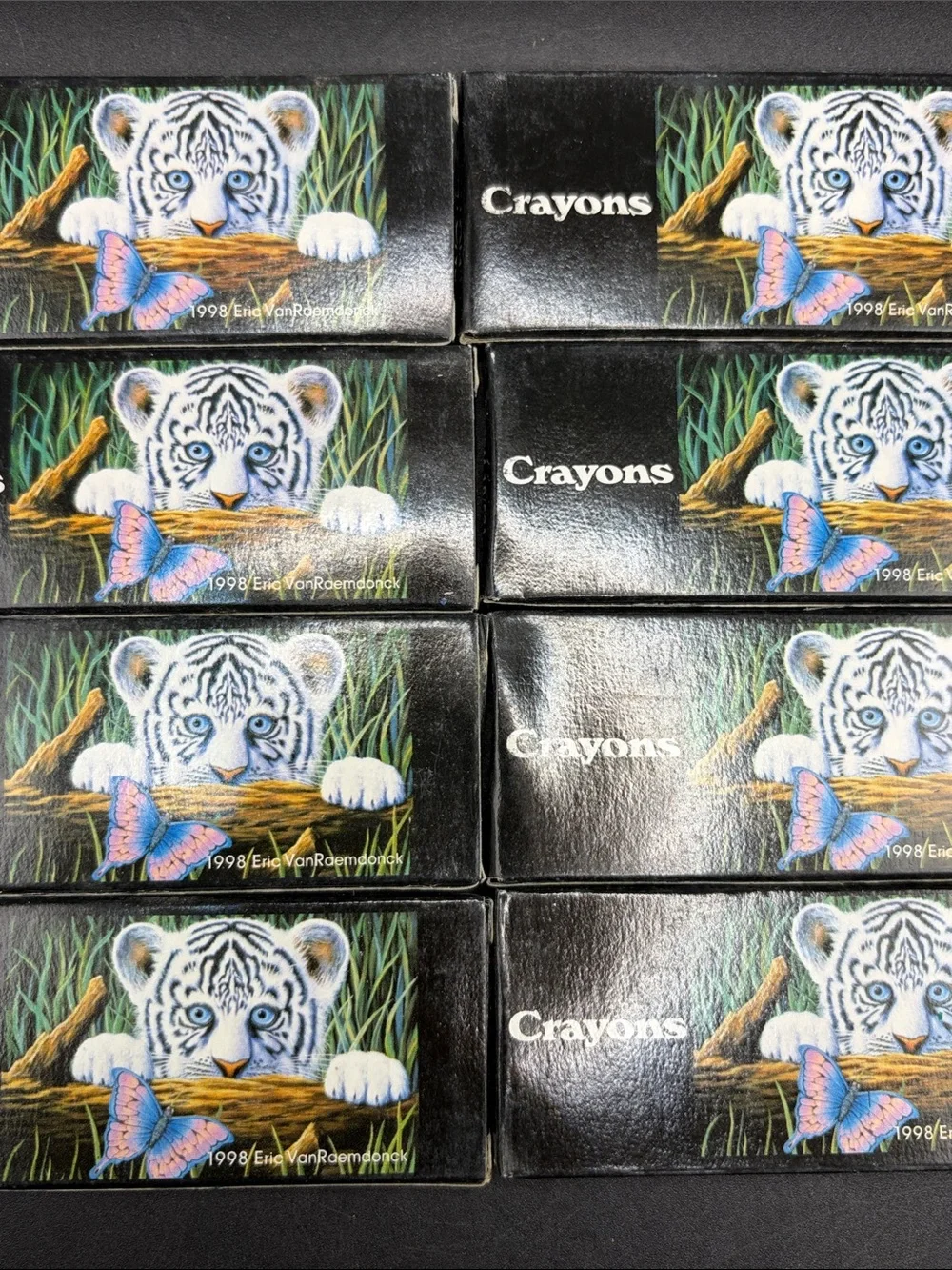 1998 Vintage 90s Eric VanRoembrock White Tiger Cub Motif Crayons, Original Boxes
